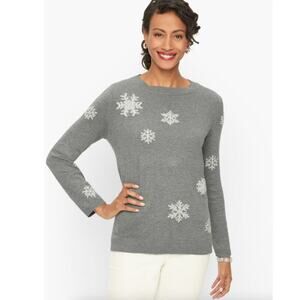Talbots Tinsel Snowflake Crewneck Sweater Gray Pullover Holiday Size Petite P